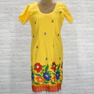 HANDMADE Kurta Yellow Tunic Dress Floral Summer Spring Embroidered Lace